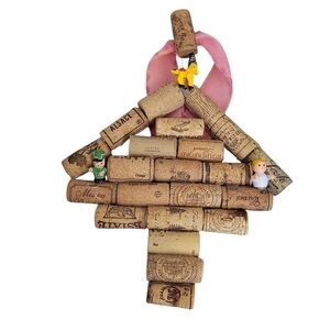 Hand Crafted Cork Christmas Tree Ornament with Pink Ribbon
